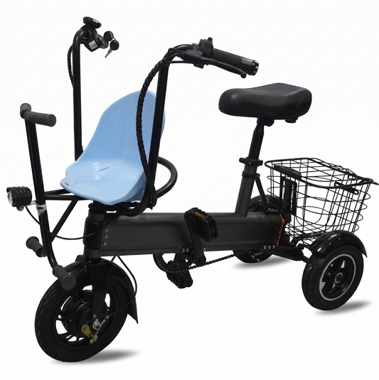 Portable 3-wheel electric scooter for parent-child use, with a basket