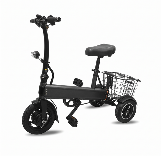 Portable 3-wheel electric foot scooter for adults, with basket, ideal for commuting and daily travel.